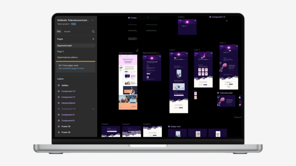 Figma-kuva Tulevaisuuskoulun oppiymäristön suunnittelusta.