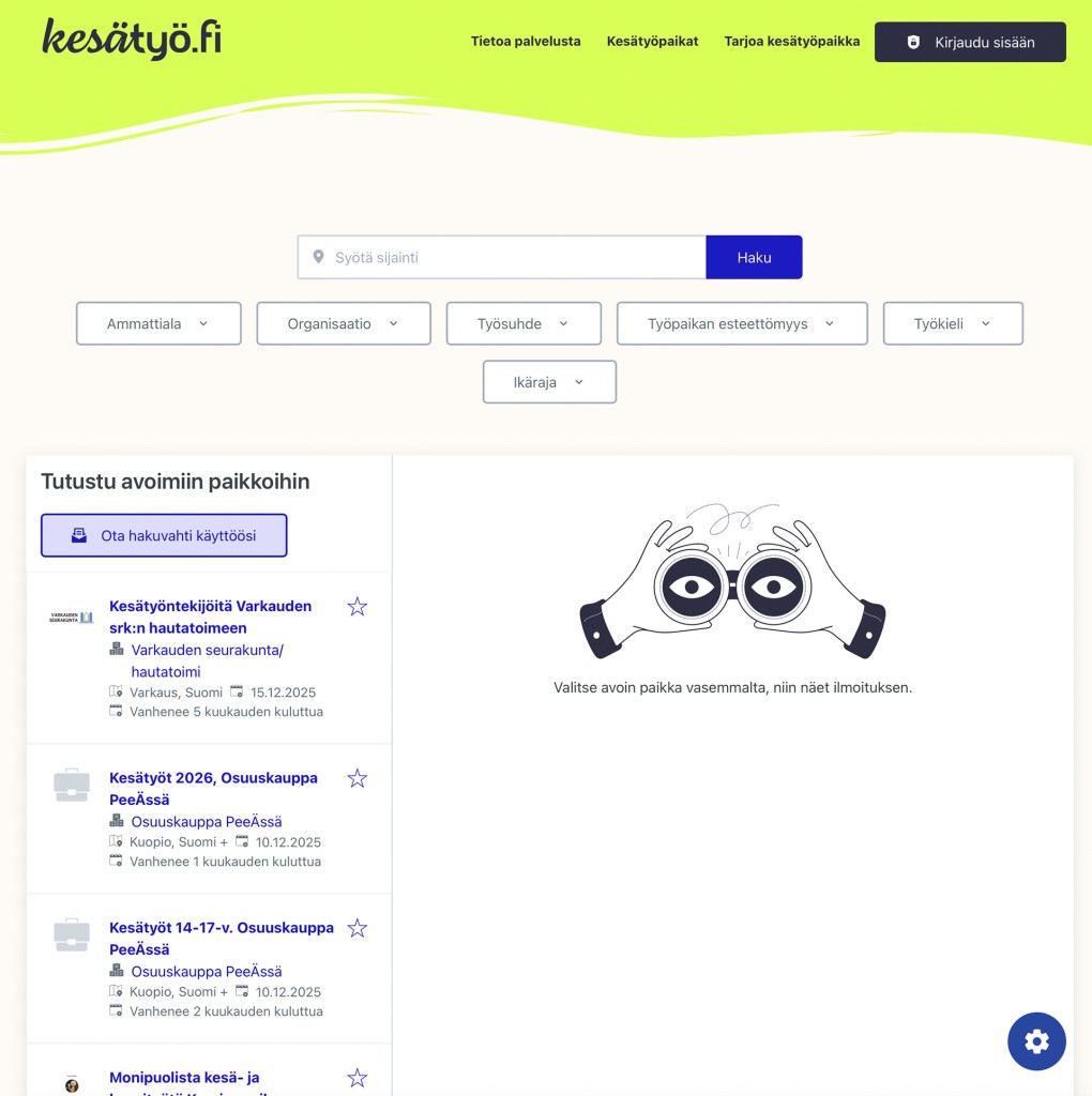 Kesätöiden välityspalvelun etusivu.